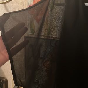 Two layered black scoop neck dressy blouse with sheer